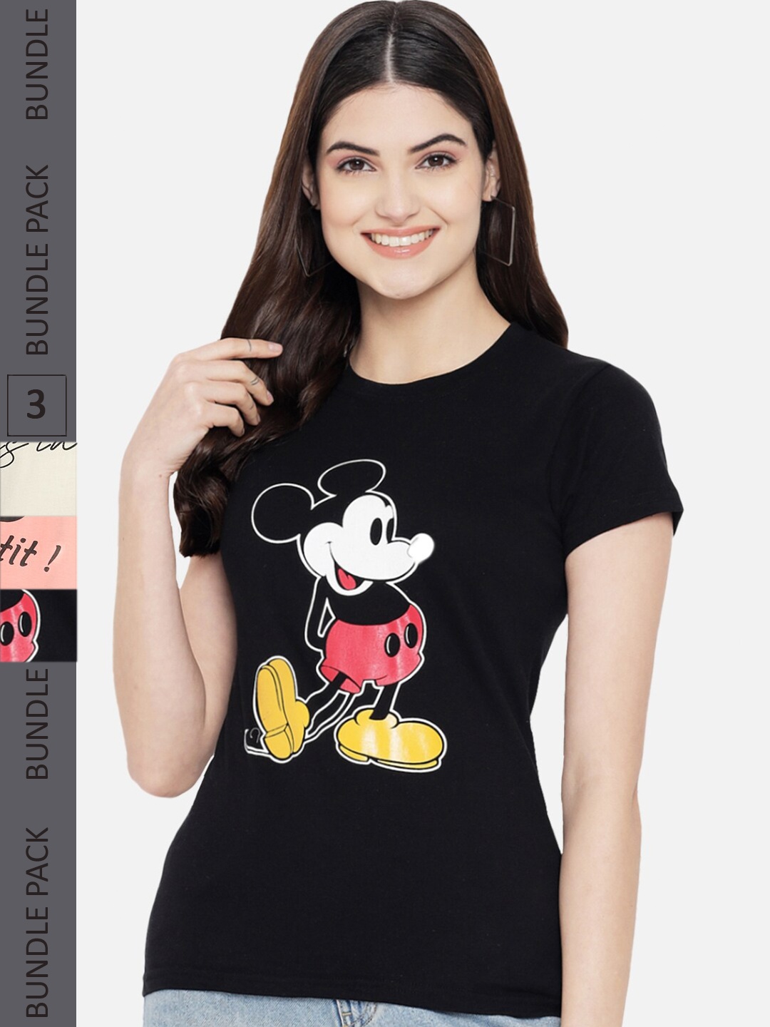 

Fabflee Pack Of 3 Graphic Mickey Printed Cotton T-shirt, Black