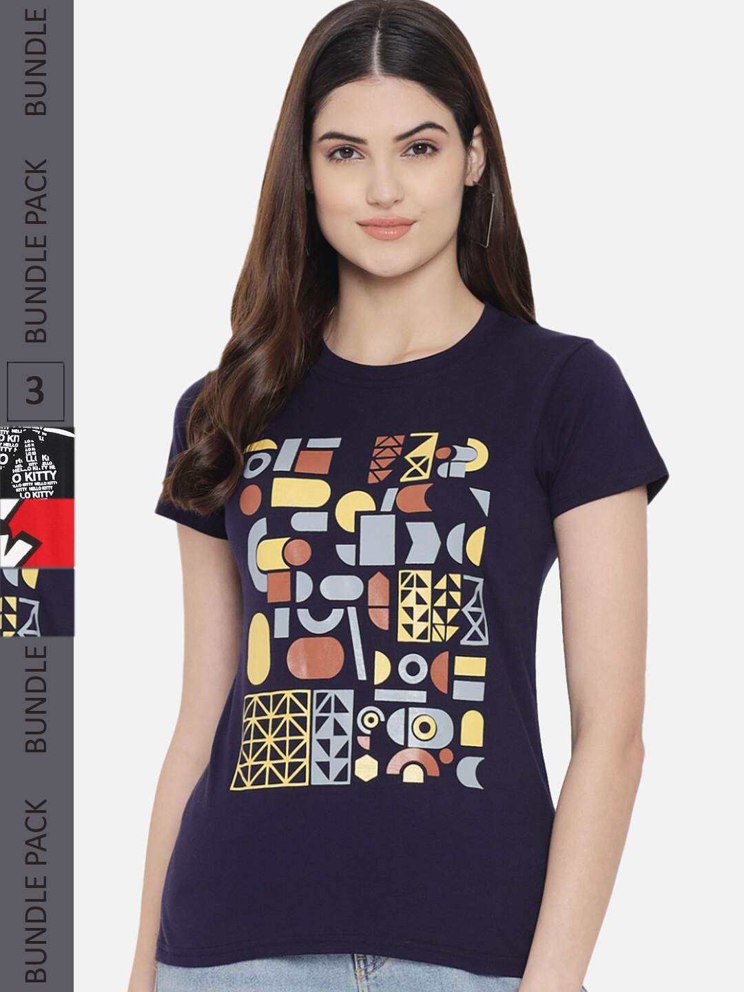 

Fabflee Pack Of 3 Printed Round Neck Cotton T-shirts, Navy blue