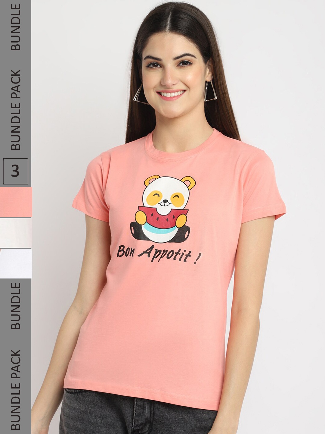 Fabflee Pack Of 3 Graphic Printed Cotton T-shirt, Pink