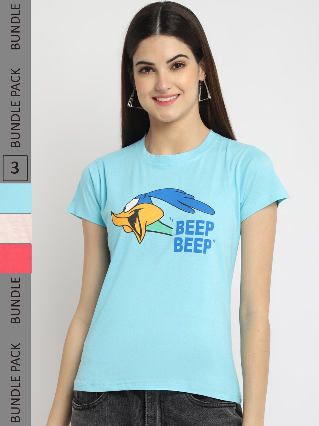 

Fabflee Pack Of 3 Printed Cotton T-shirt, Turquoise blue