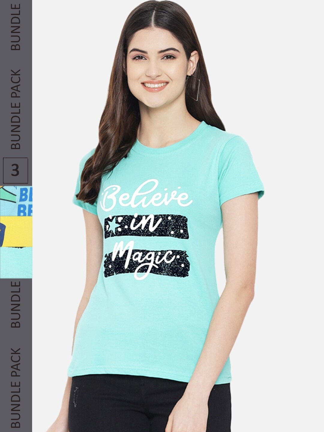

Fabflee Pack Of 3 Printed Cotton T-shirt, Turquoise blue