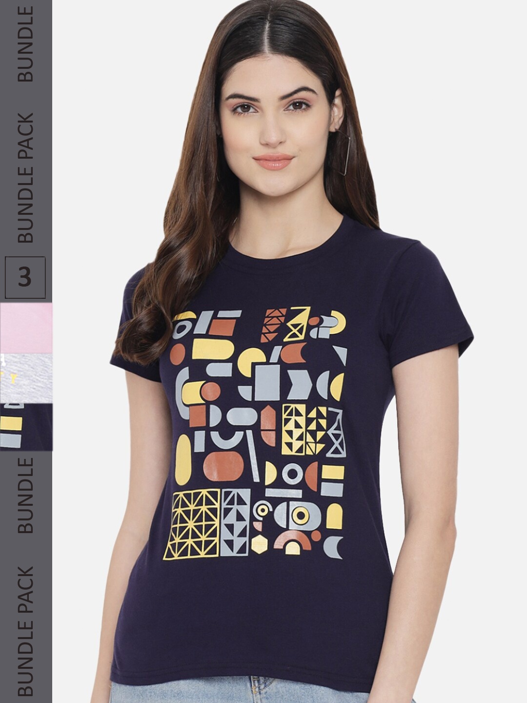 

Fabflee Pack of 3 Printed Knitted Cotton T-Shirt, Navy blue