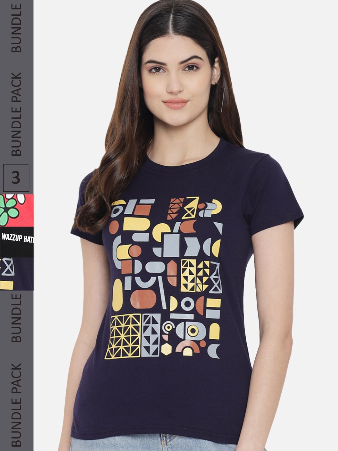 

Fabflee Pack Of 3 Typography Printed Regular Fit Cotton T-shirt, Navy blue