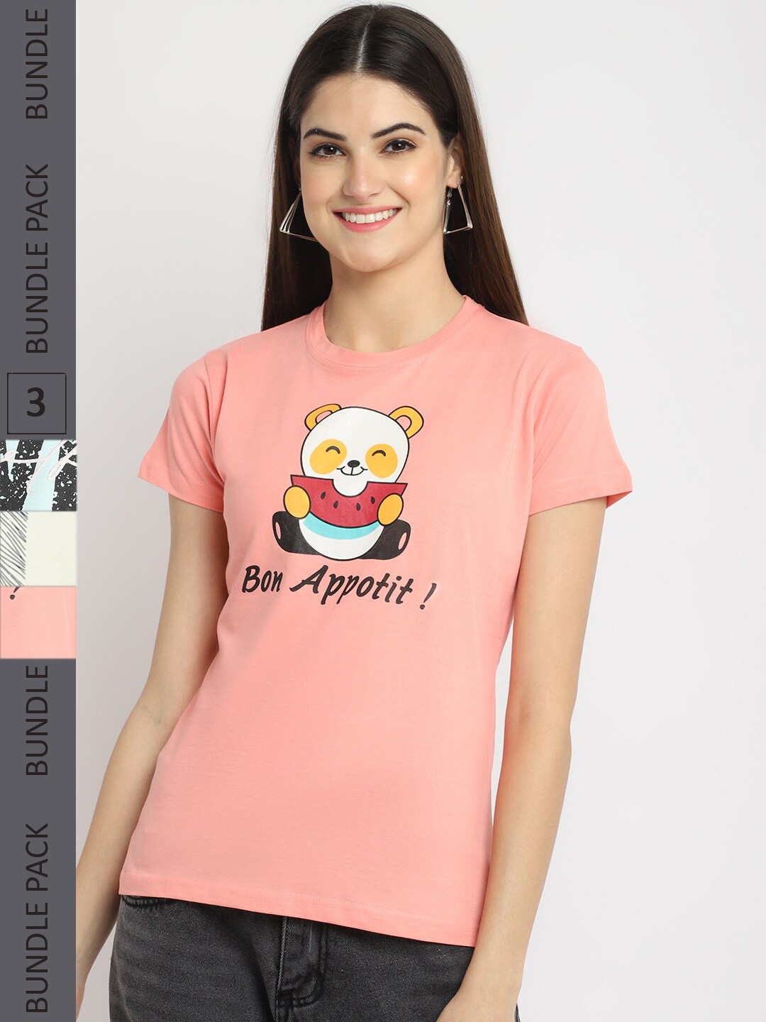 

Fabflee Pack Of 3 Graphic Printed Cotton T-shirt, Peach