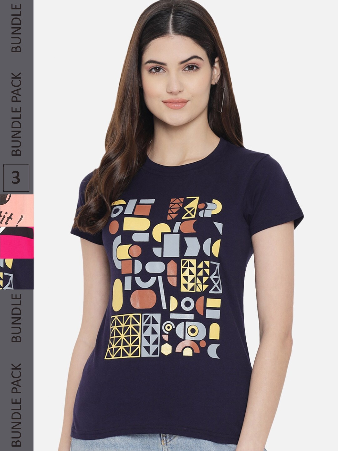 Fabflee Pack Of 3 Typography Printed Cotton T-shirt, Navy blue