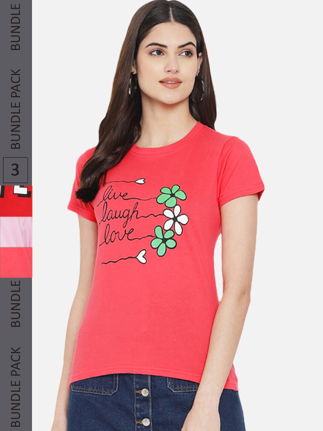 

Fabflee Pack Of 3 Typography Printed Round Neck Casual Knitted Cotton T-shirts, Coral