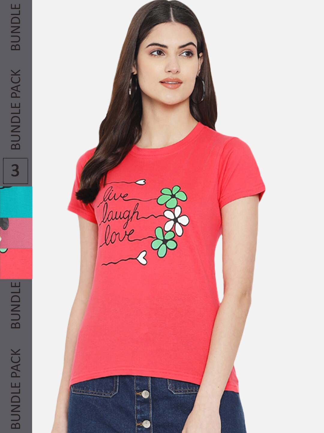 

Fabflee Pack Of 3 Typography Printed Regular Fit Cotton Casual T-shirt, Coral