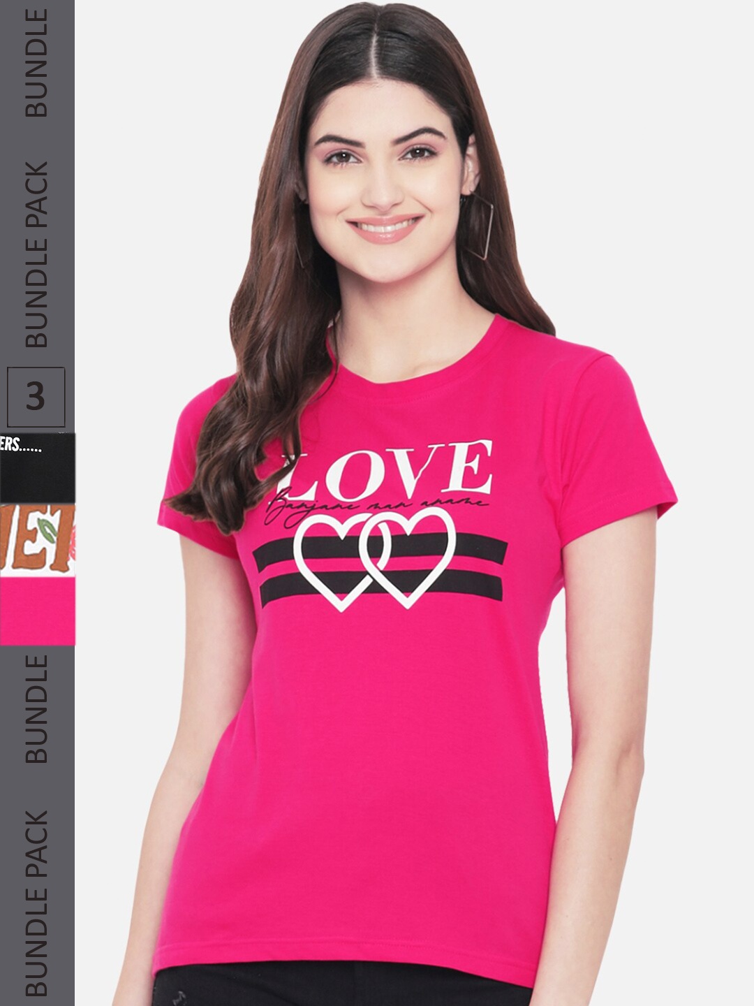 

Fabflee Pack Of 3 Printed Cotton T-shirts, Pink