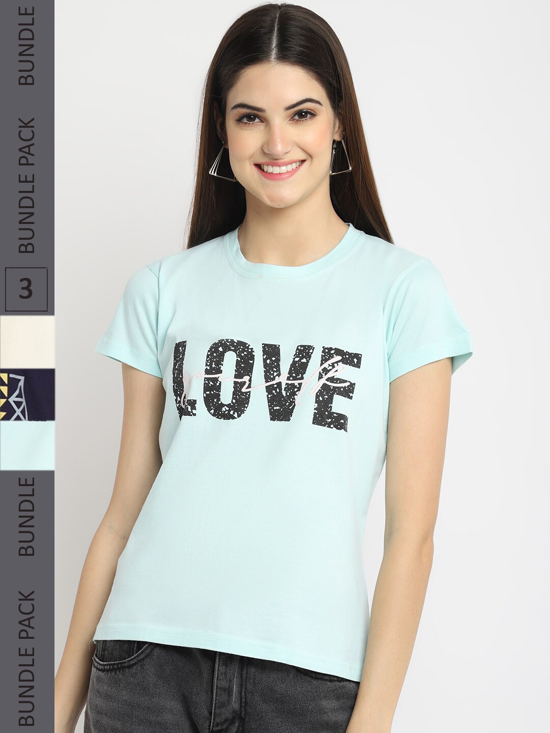 

Fabflee Pack Of 3 Printed Cotton T-shirt, Blue