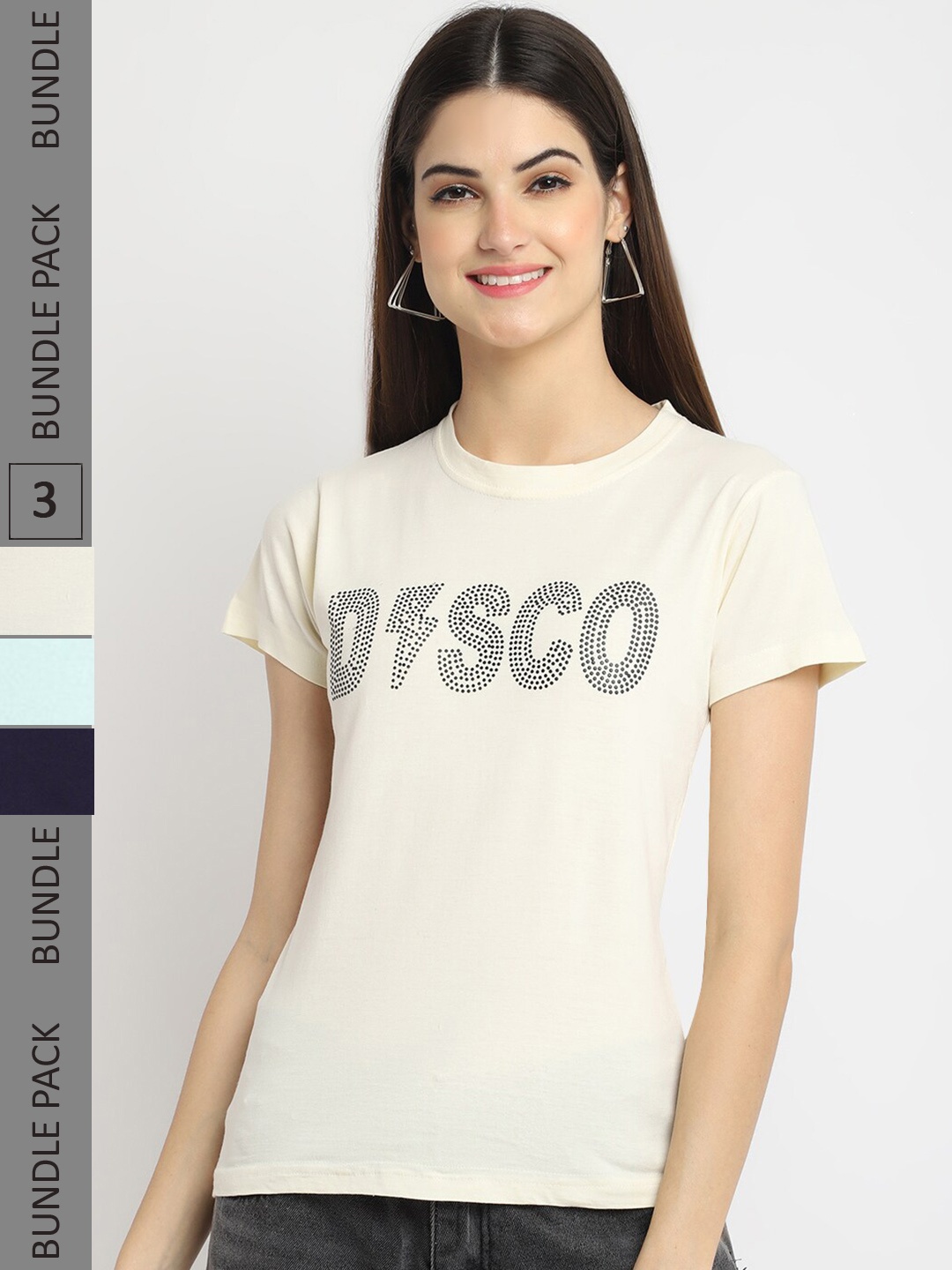 

Fabflee Pack Of 3 Typography Printed Cotton T-shirts, Cream
