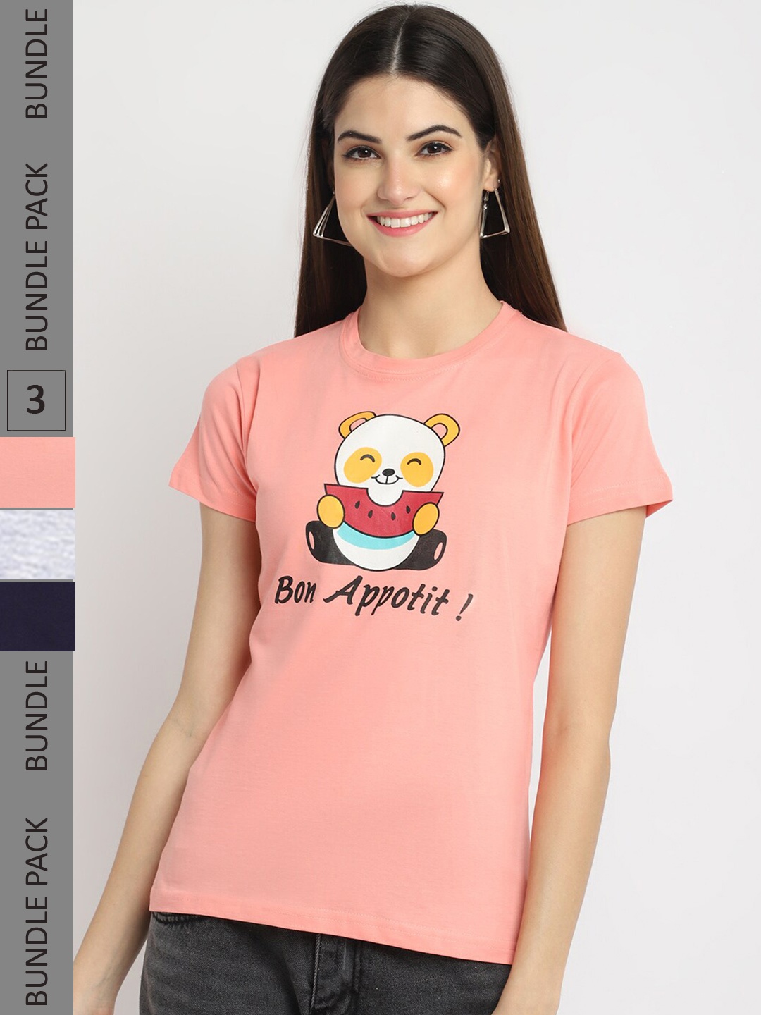 

Fabflee Pack Of 3 Printed Cotton T-shirts, Pink
