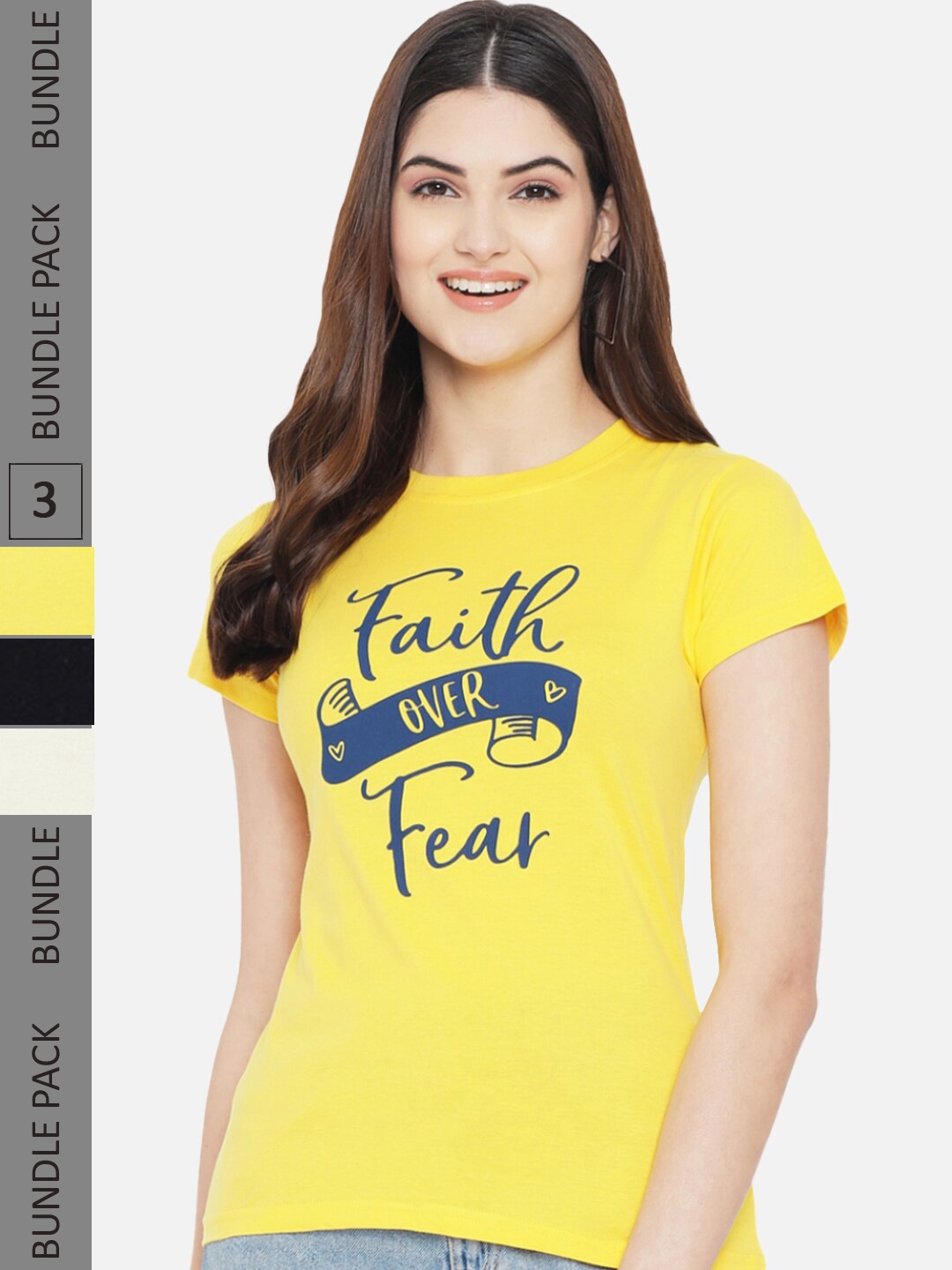 

Fabflee Pack Of 3 Typography Printed Cotton T-shirts, Yellow