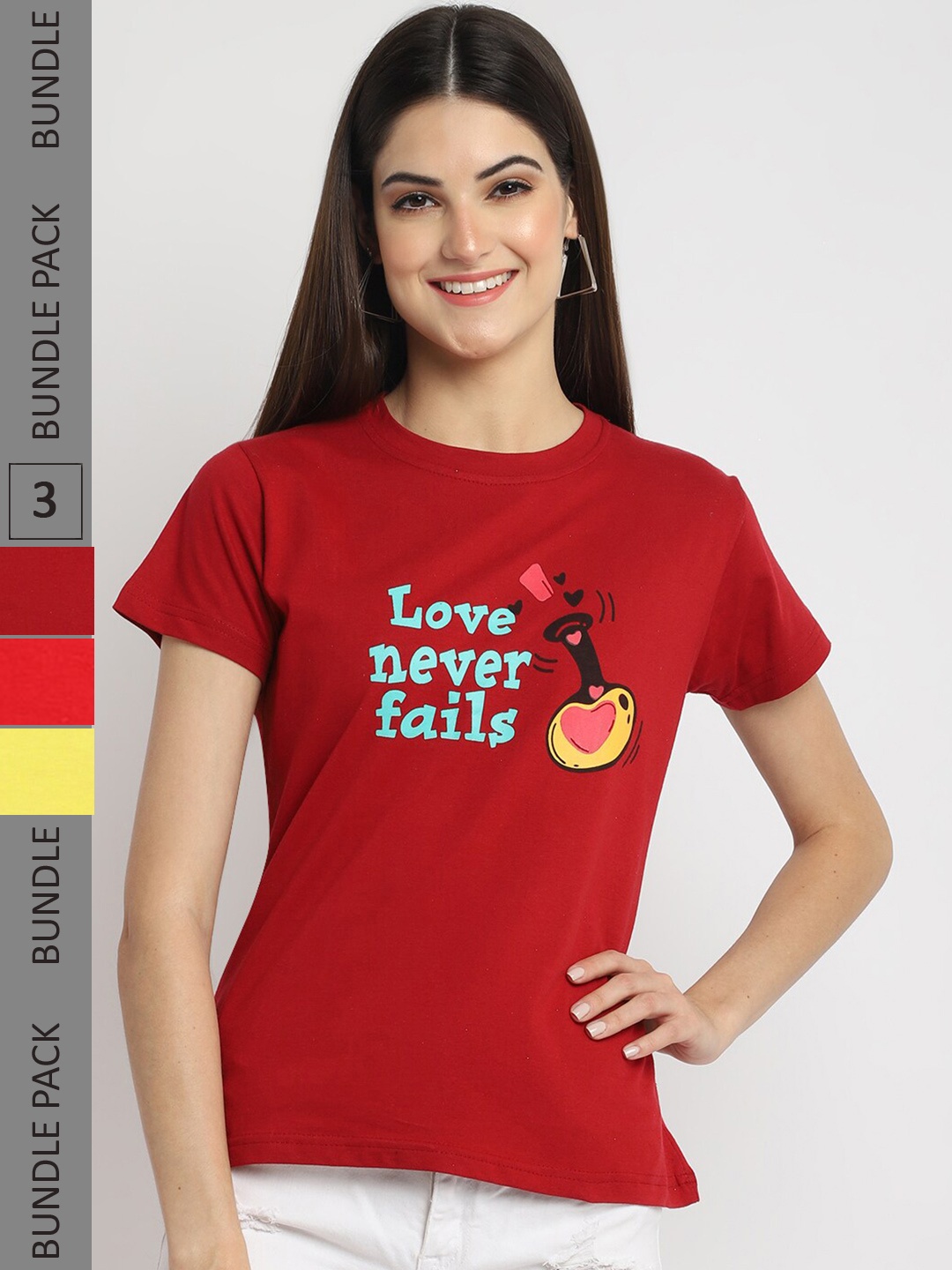 

Fabflee Pack Of 3 Typography Printed Cotton T-shirts, Red