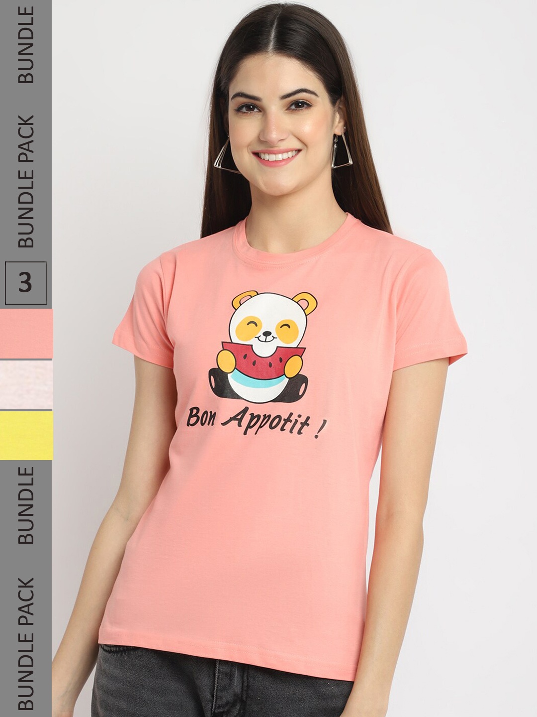 

Fabflee Pack Of 3 Typography Printed Cotton T-Shirts, Peach
