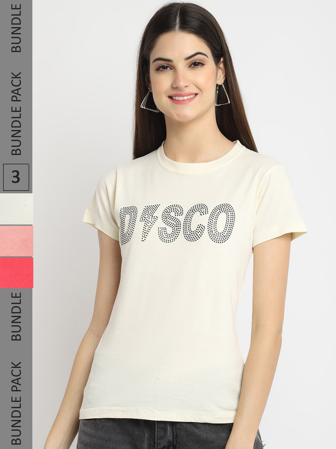 

Fabflee Pack of 3 Typography Printed Cotton T-shirt, Beige