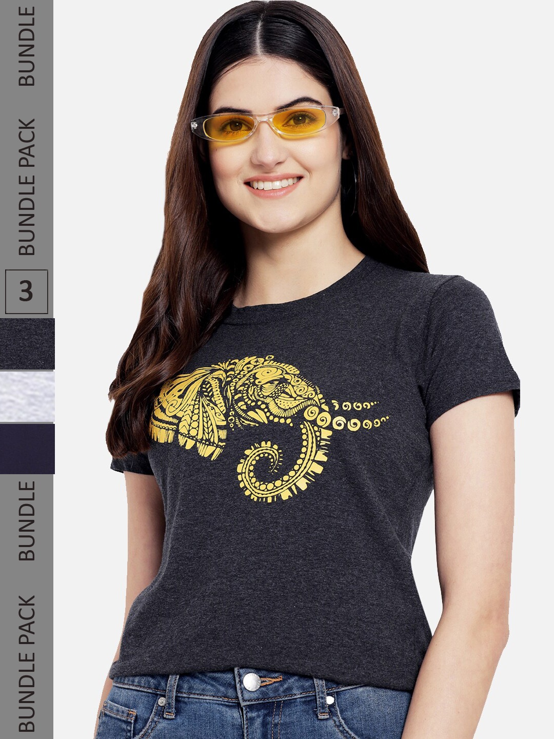 Fabflee Pack Of 3 Printed Cotton T-shirt, Navy blue