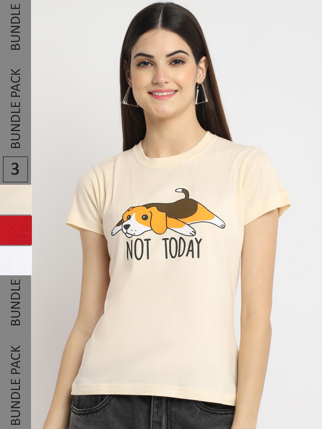 

Fabflee Pack Of 3 Graphic Printed Cotton T-shirts, Beige