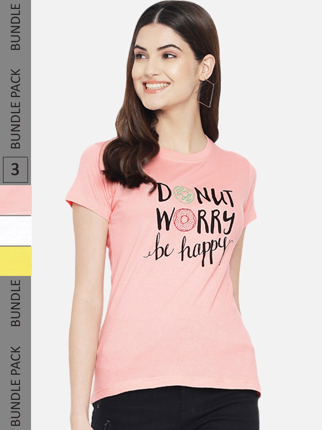 

Fabflee Pack of 3 Typography Printed Cotton T-shirts, Pink