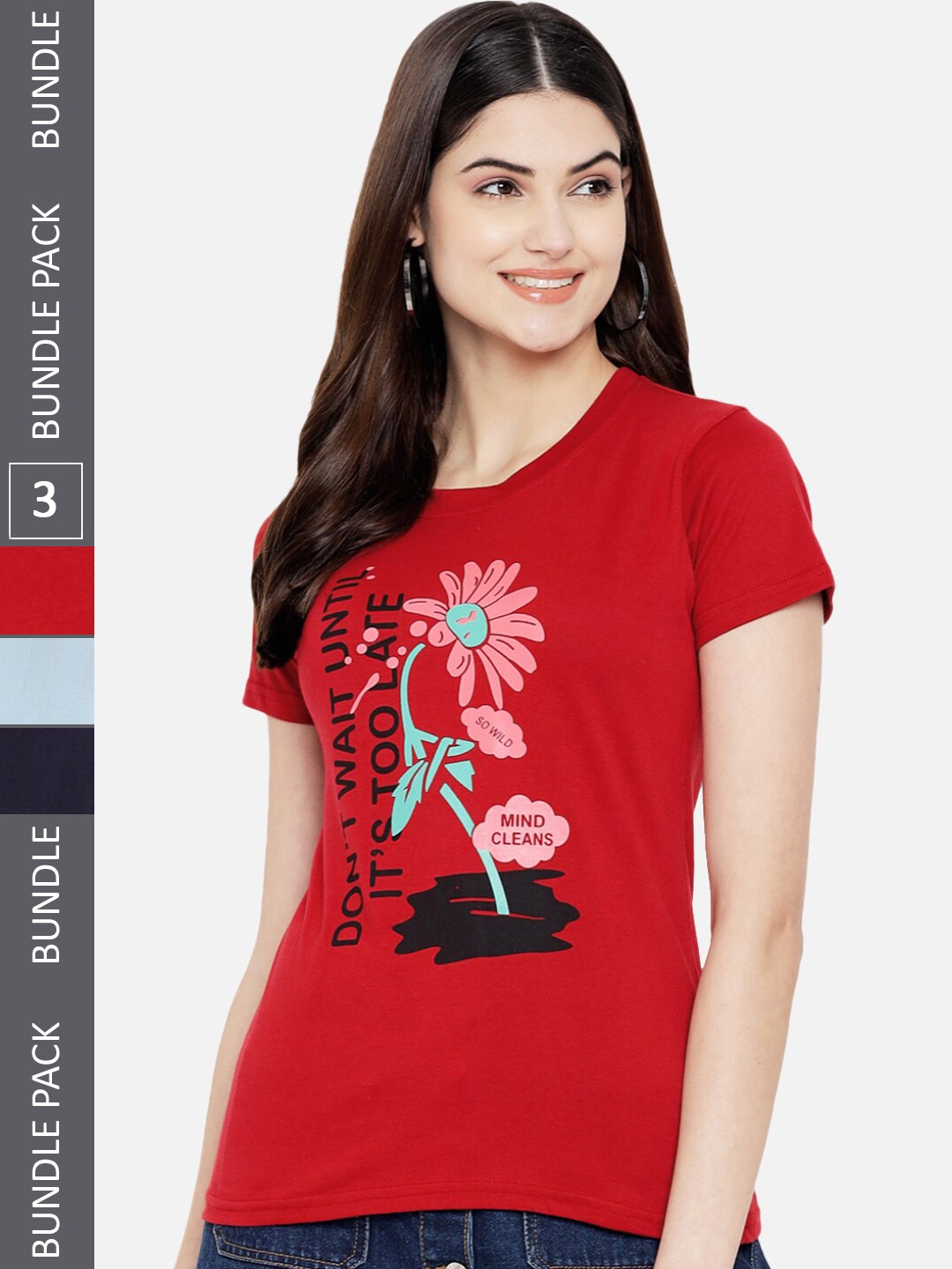 

Fabflee Pack Of 3 Typography Printed Cotton T-shirts, Red