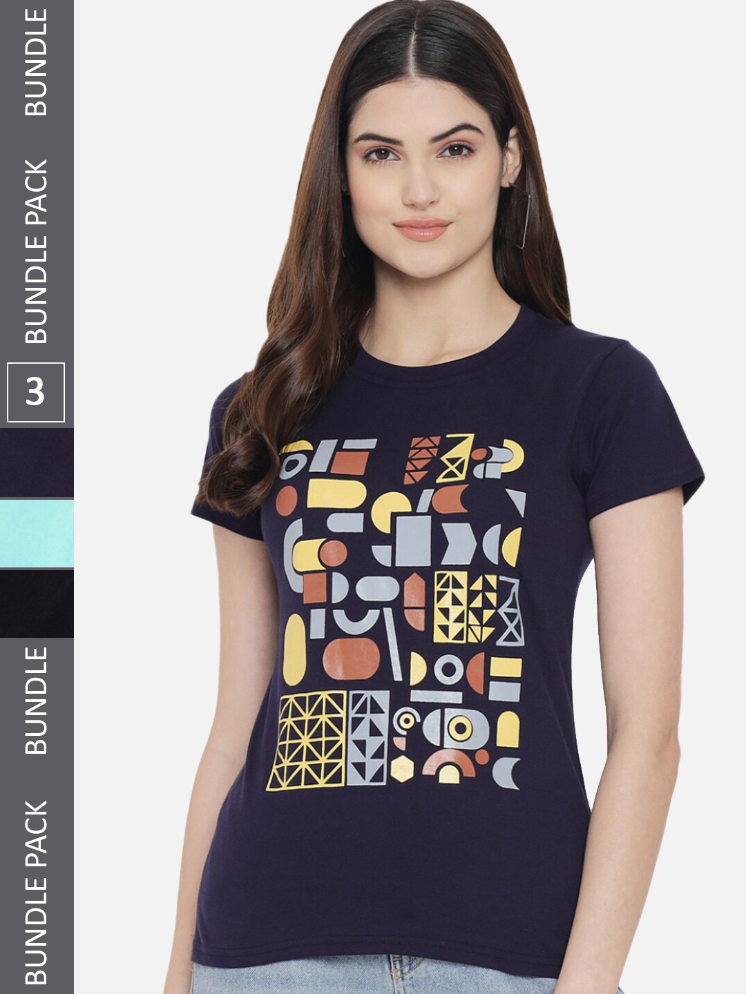 Fabflee Pack Of 3 Typography Printed Cotton T-Shirt, Navy blue