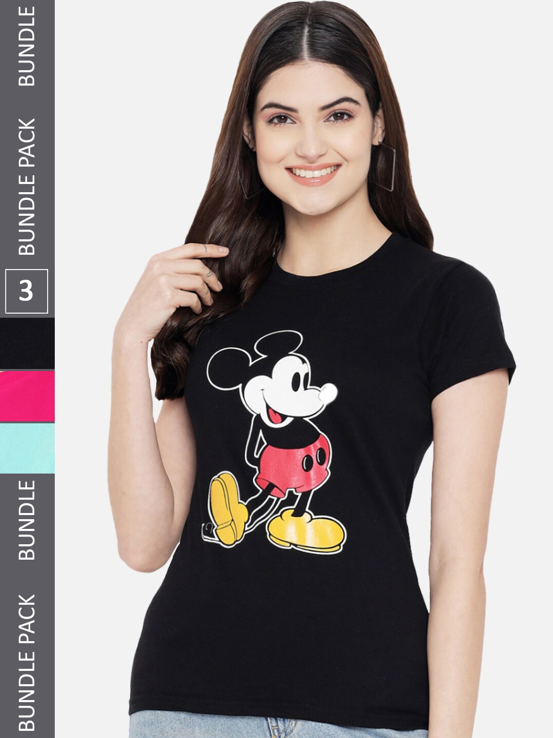 

Fabflee Pack of 3 Mickey Mouse Printed Knitted Cotton T-Shirt, Black