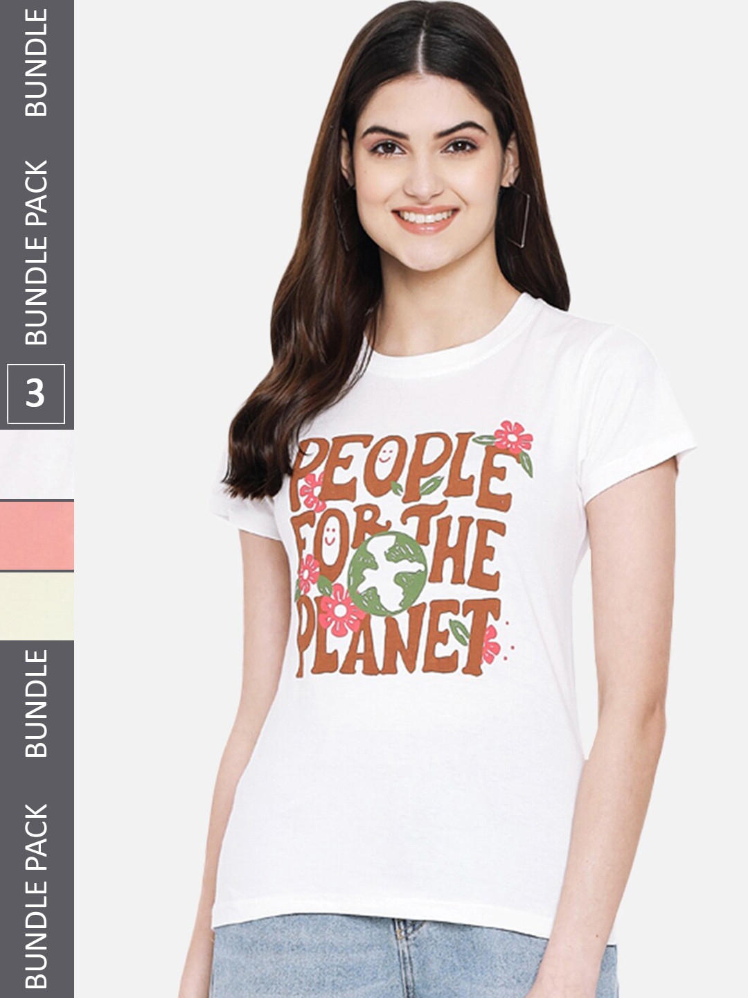 

Fabflee Pack Of 3 Printed Round Neck Cotton T-shirts, White