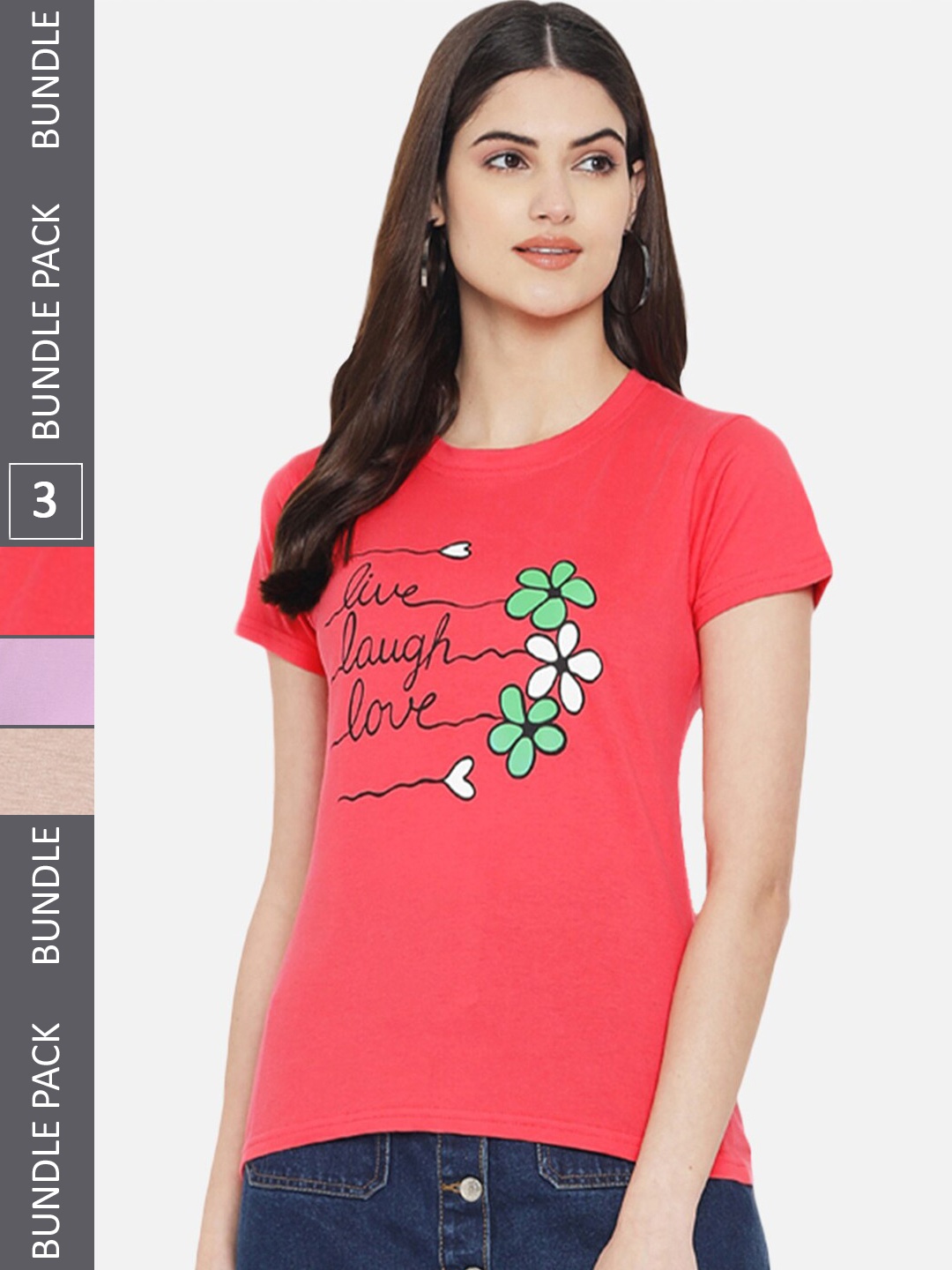 

Fabflee Pack of 3 Printed Cotton T-shirts, Pink
