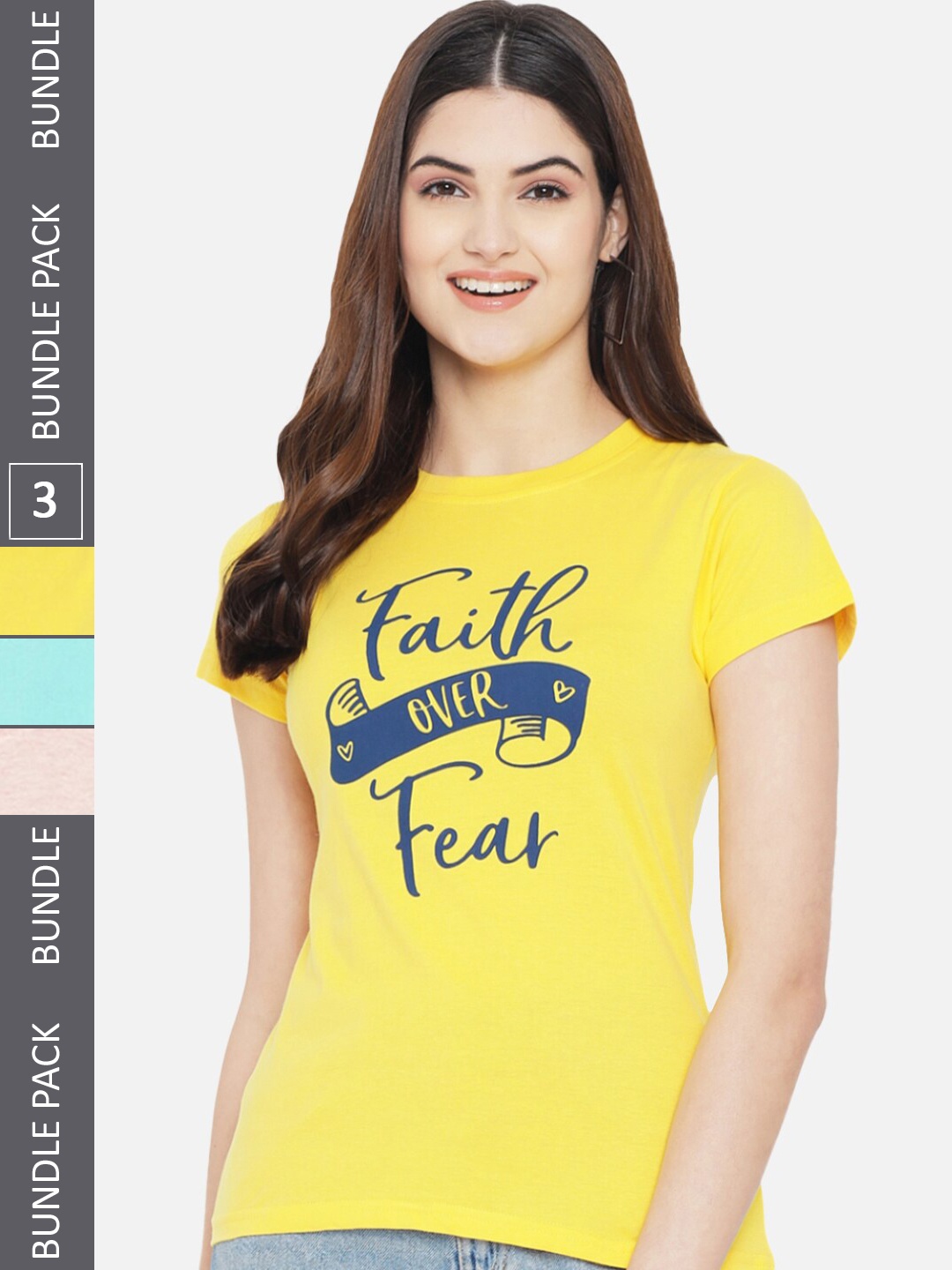 Fabflee Pack Of 3 Typography Printed Cotton T-Shirt, Yellow