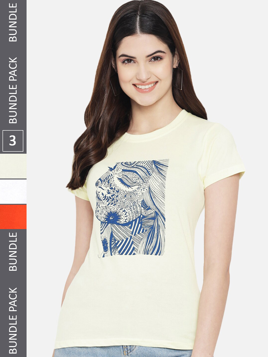 

Fabflee Pack Of 3 Printed Round Neck Cotton T-shirts, Cream