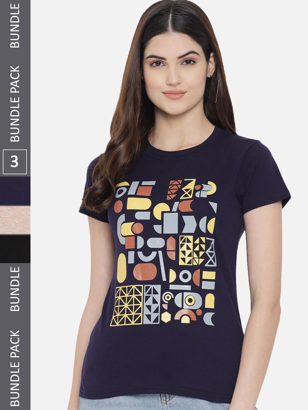Fabflee Pack Of 3 Typography Printed Cotton T-shirt, Navy blue
