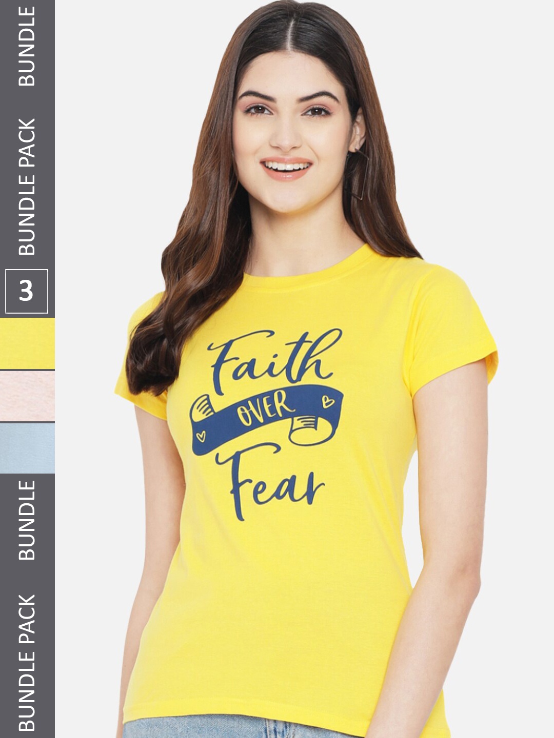 

Fabflee Pack of 3 Typography Printed Cotton T-shirt, Yellow