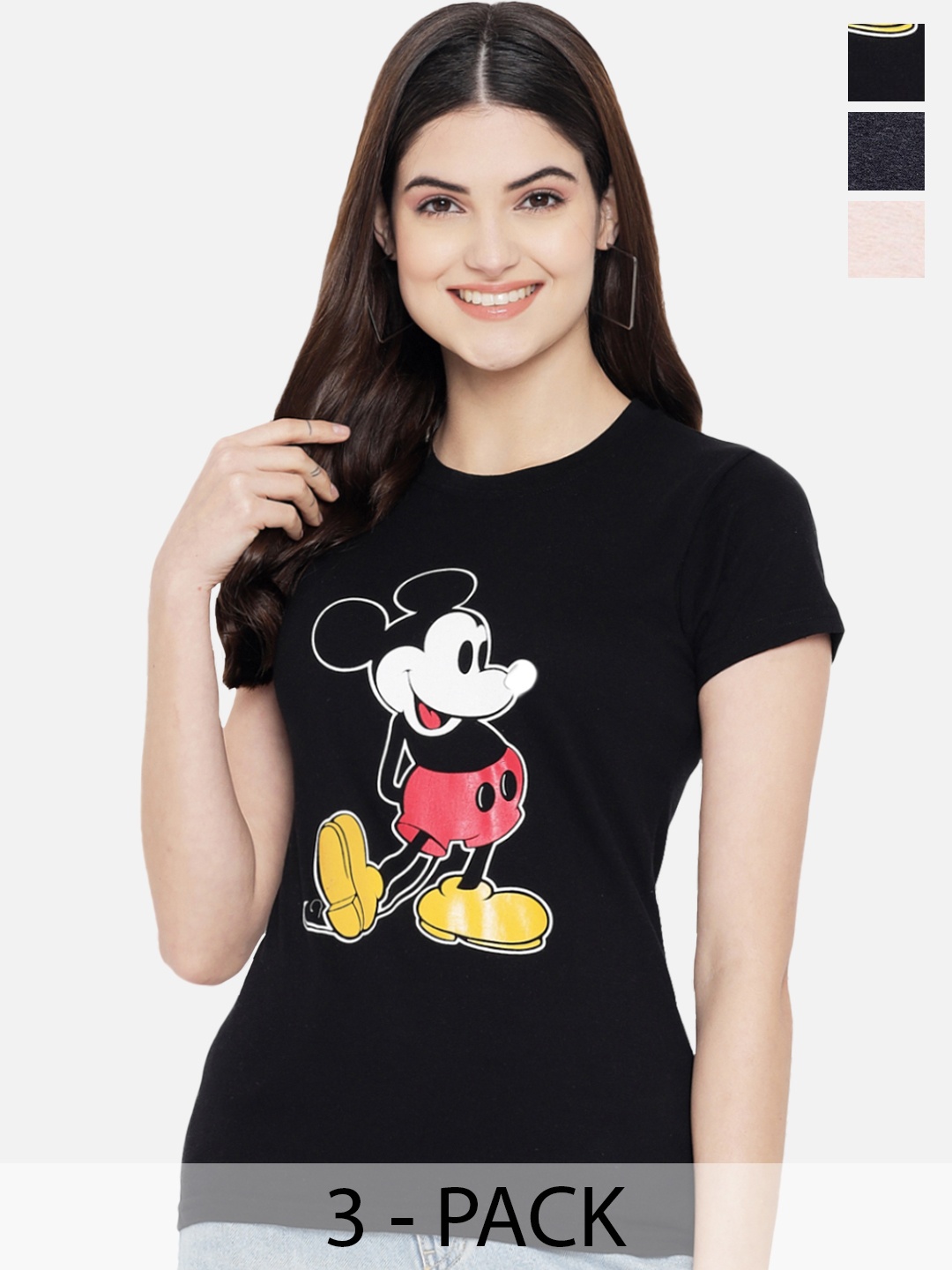 

Fabflee Pack Of 3 Mickey Mouse Printed Cotton T-shirt, Black