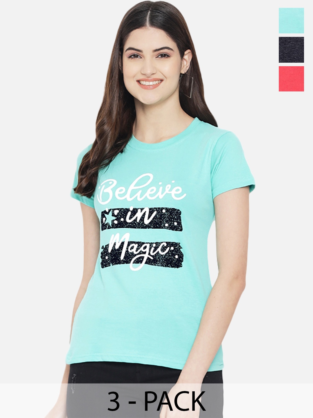 

Fabflee Pack Of 3 Typography Printed Cotton T-shirt, Blue