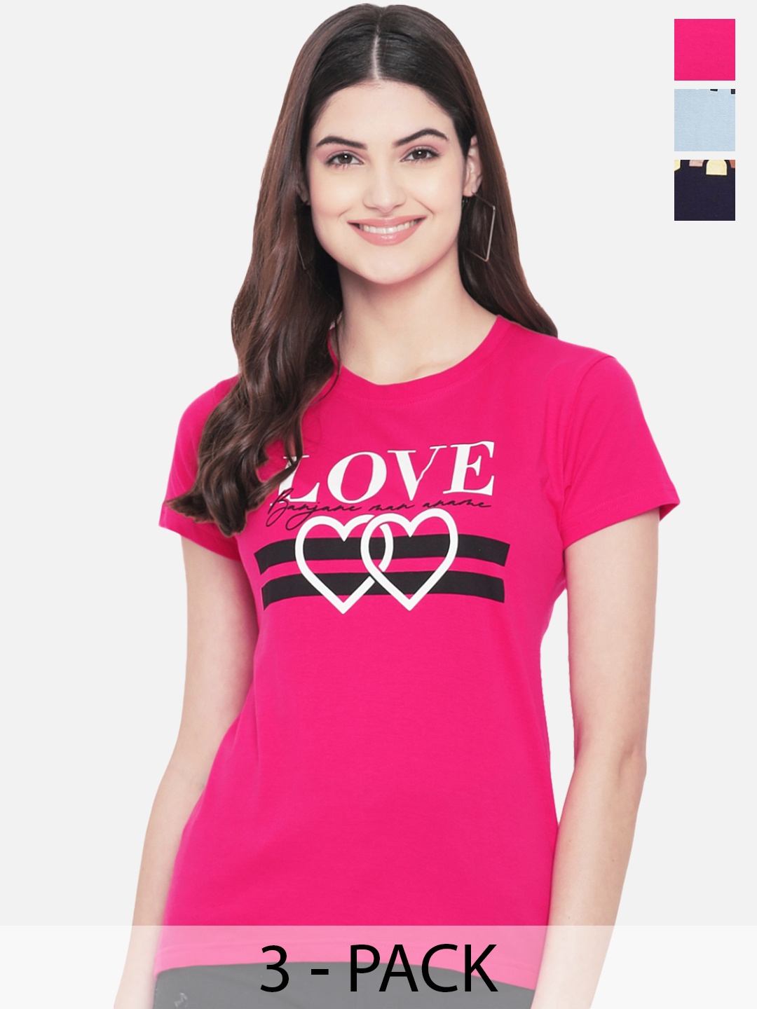 

Fabflee Pack Of 3 Typography Printed Cotton T-Shirt, Pink