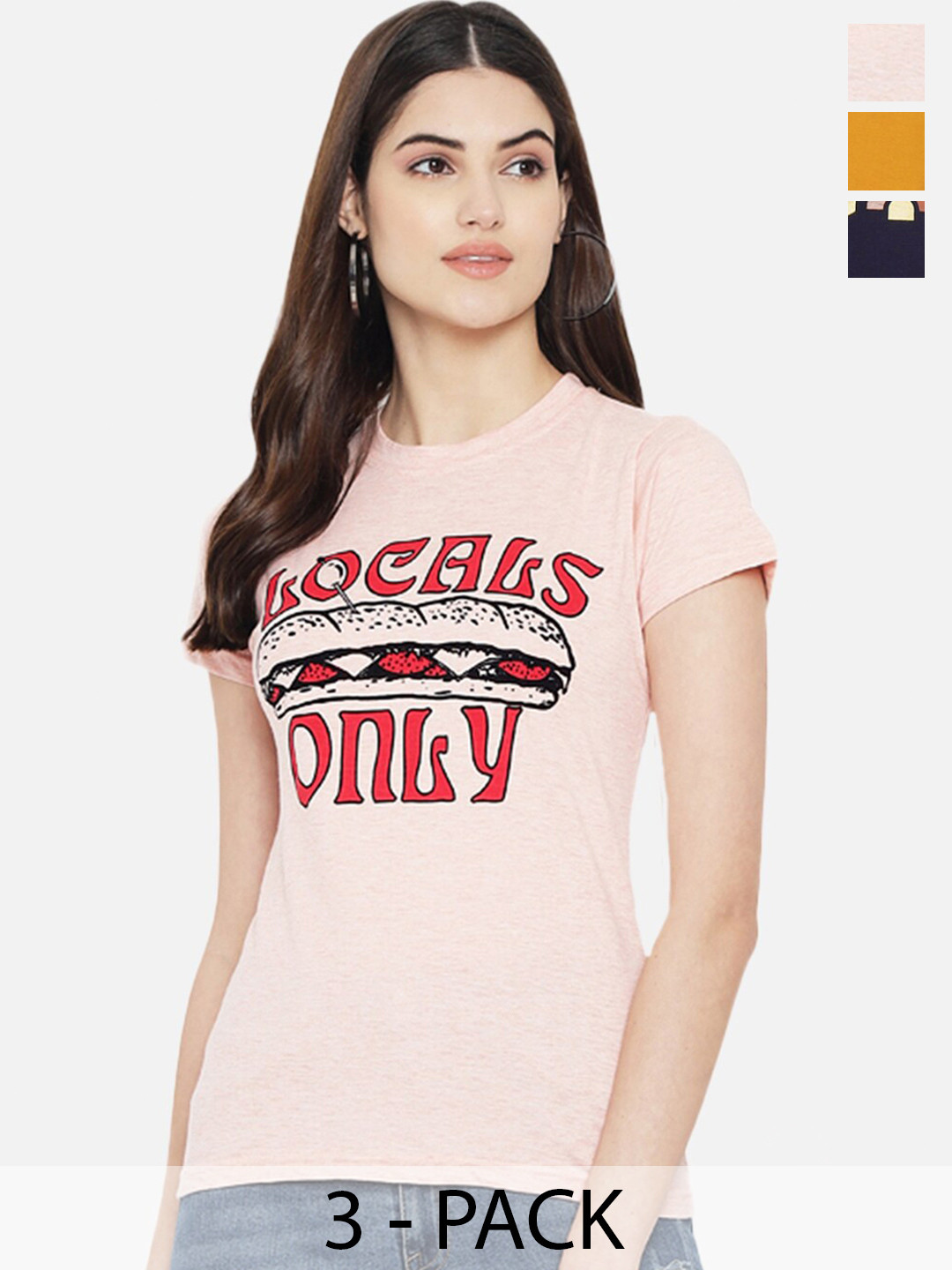 Fabflee Pack Of 3 Typography Printed Cotton T-shirt, Peach