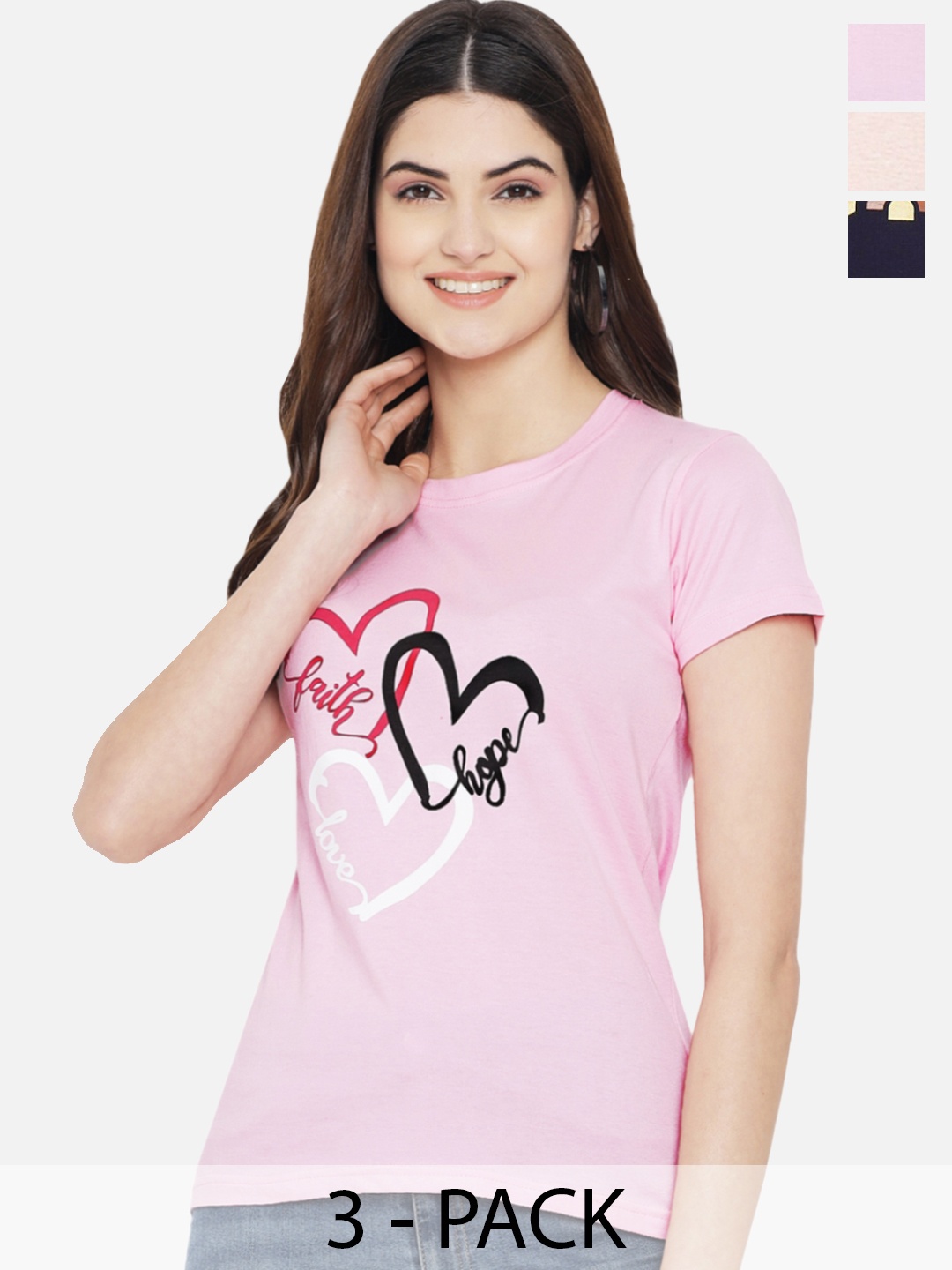 

Fabflee Pack Of 3 Typography Printed Cotton T-shirts, Pink