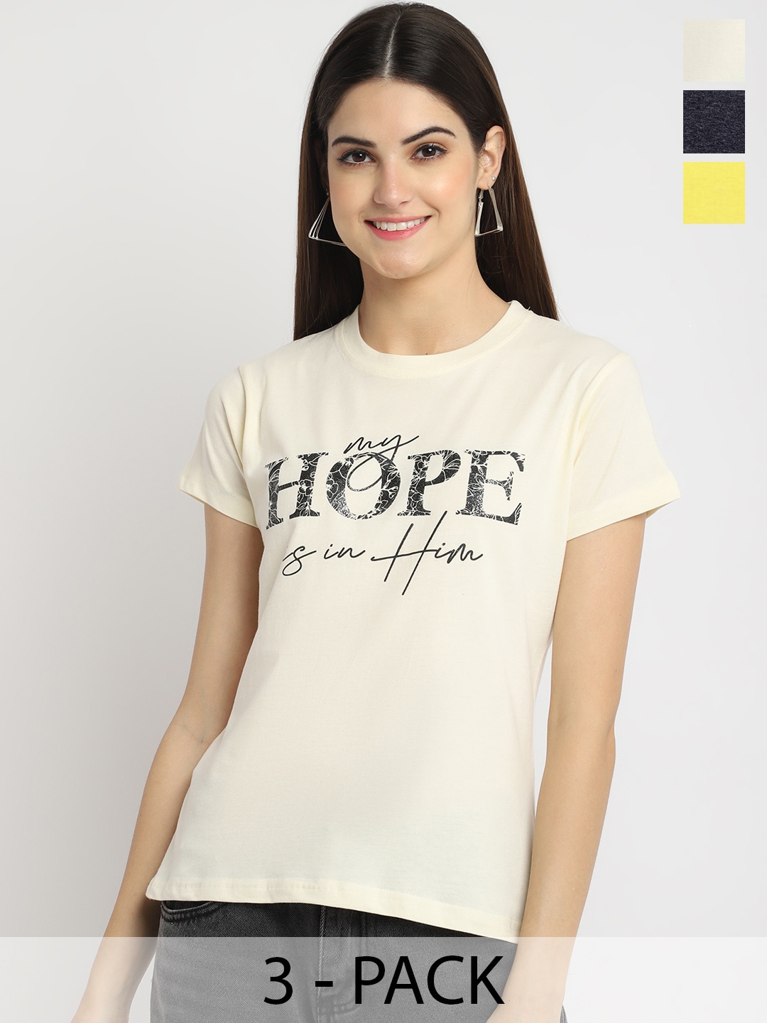 

Fabflee Pack Of 3 Typography Printed Cotton T-shirt, Cream