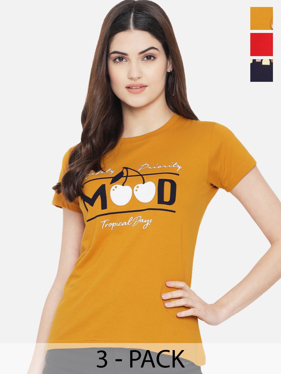 

Fabflee Pack Of 3 Typography Printed Cotton T-shirts, Mustard