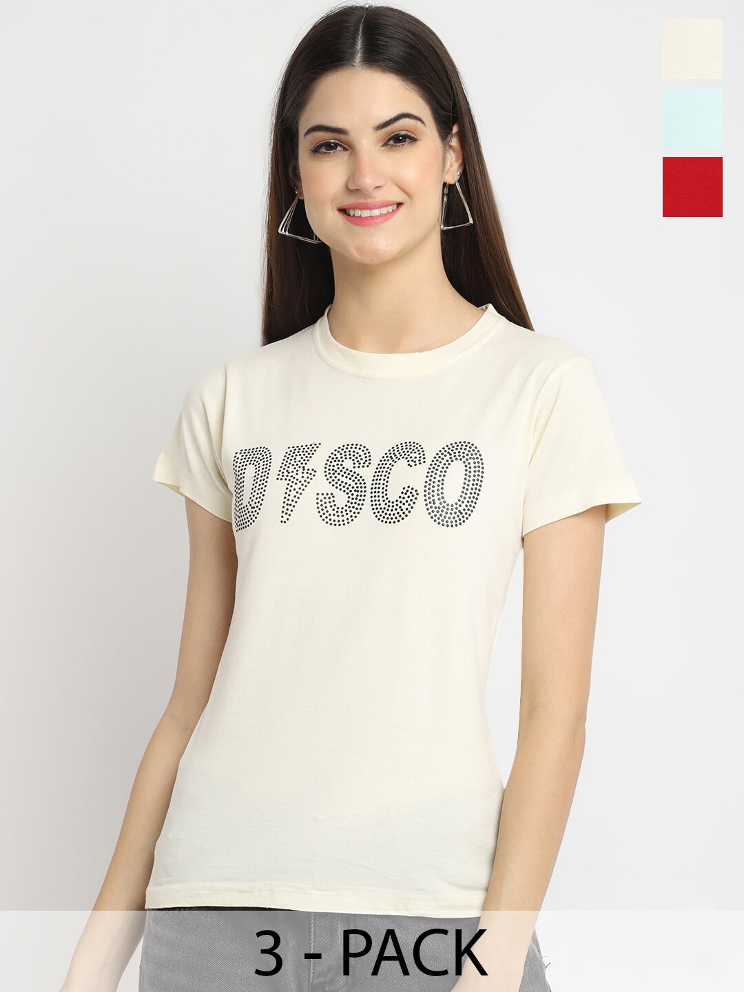 

Fabflee Pack Of 3 Typography Printed Cotton T-Shirt, Cream