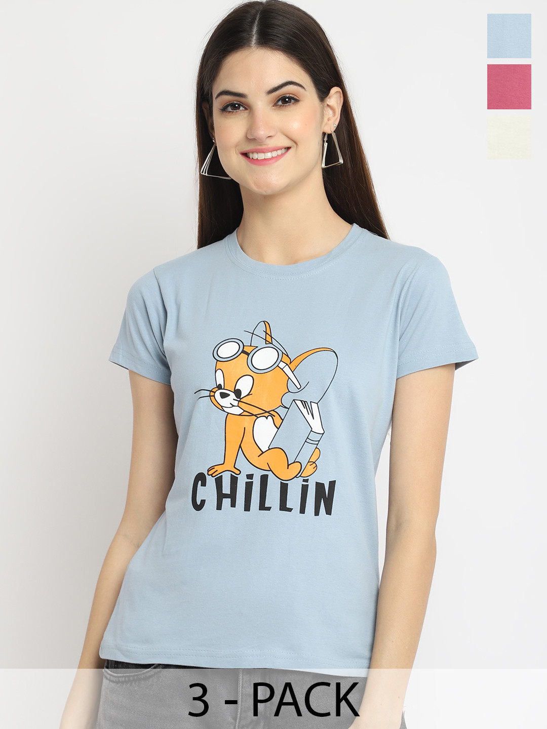 

Fabflee Pack Of 3 Graphic Printed Cotton T Shirts, Blue