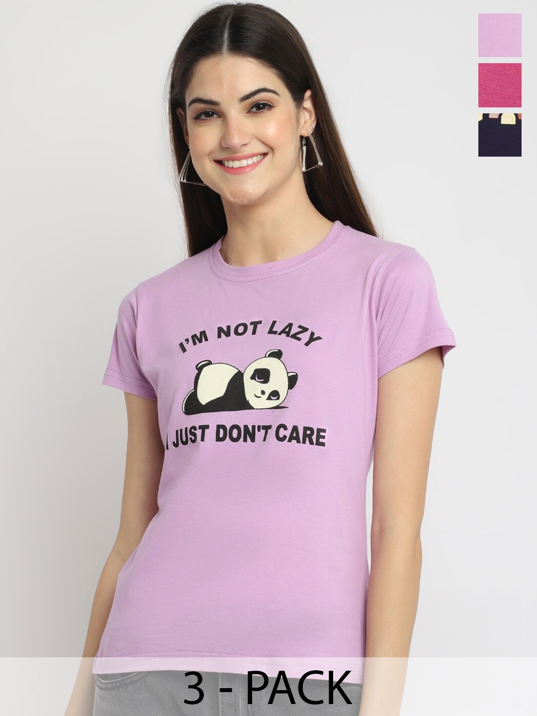 

Fabflee Pack Of 3 Typography Printed Cotton T-shirt, Purple