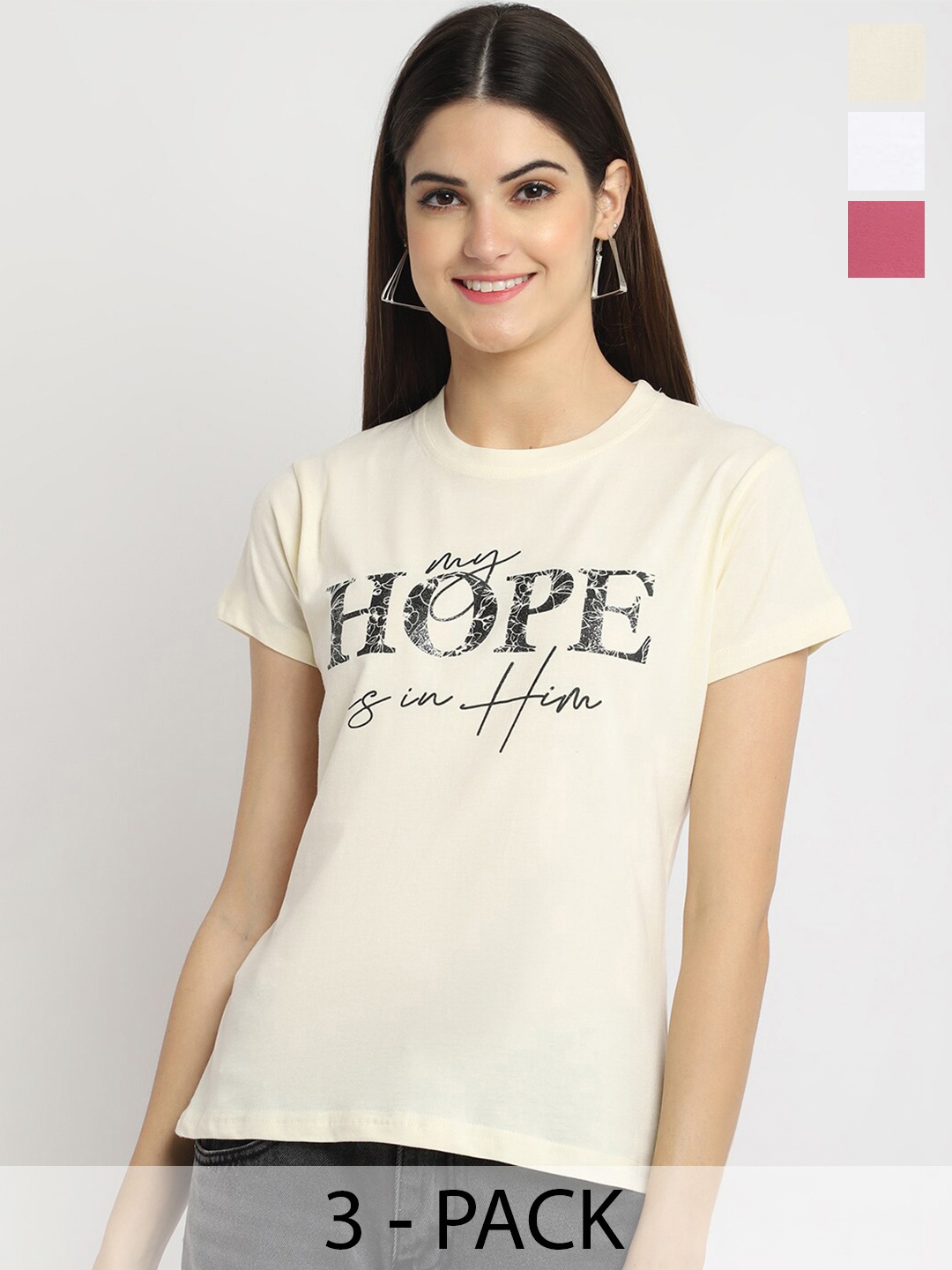 Fabflee Pack Of 3 Typography Printed Cotton T-shirt, Cream