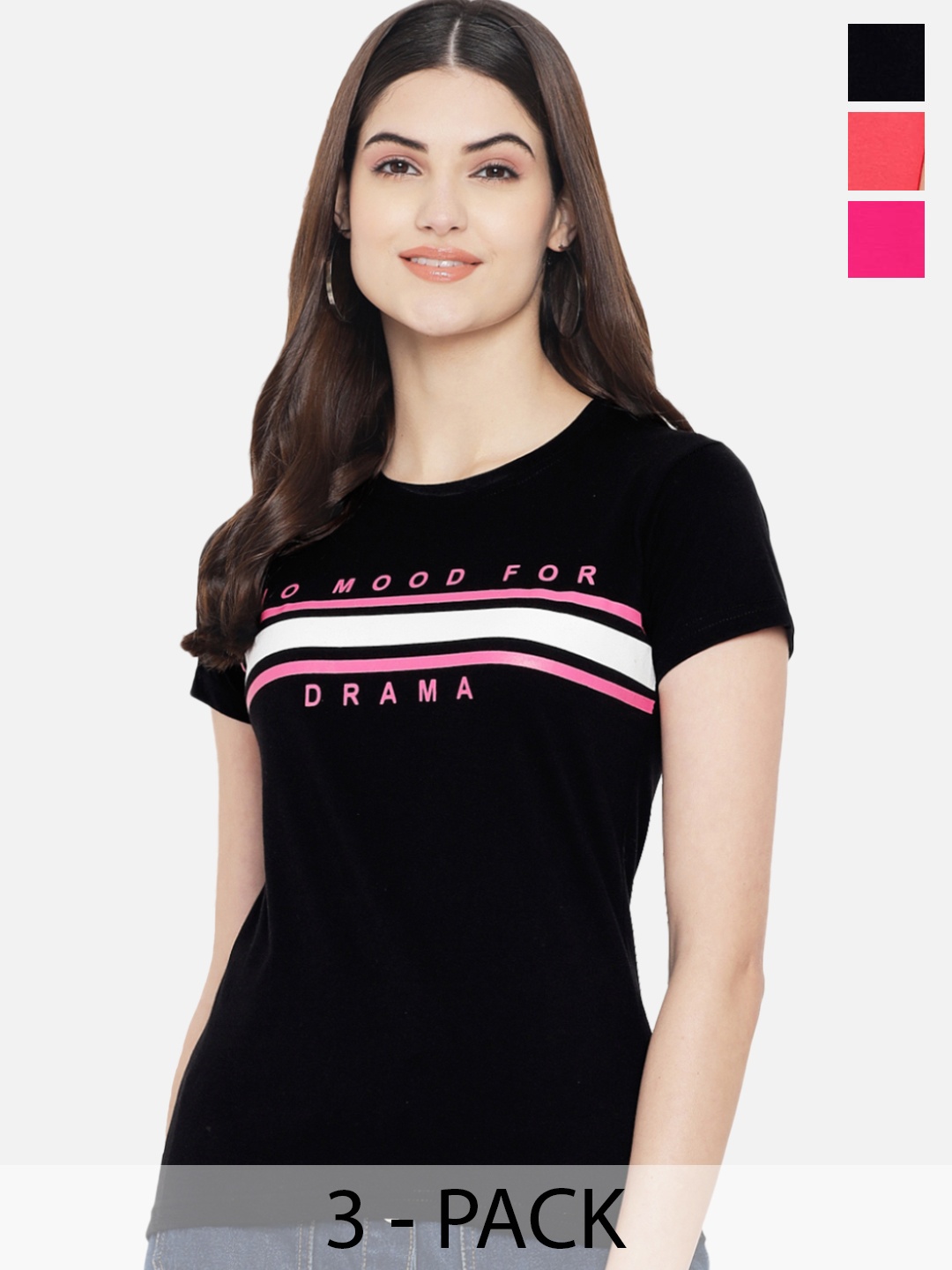 

Fabflee Pack Of 3 Typography Printed Cotton T-shirt, Black