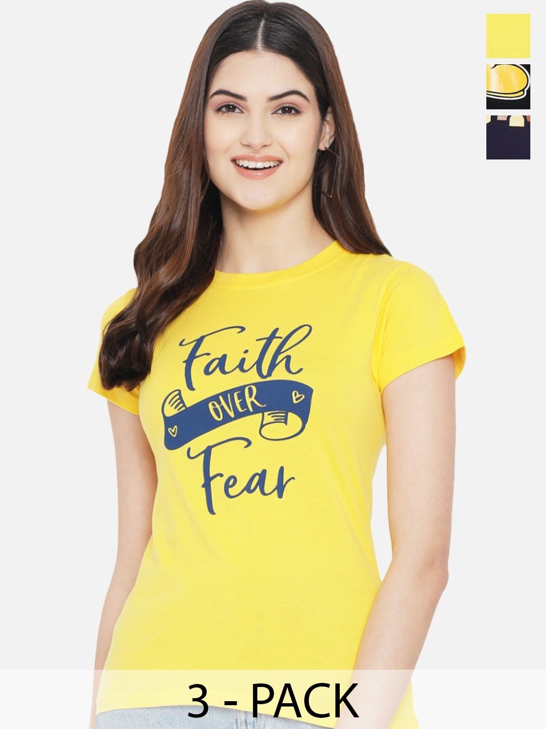 

Fabflee Pack Of 3 Typography Printed Cotton T-Shirt, Yellow