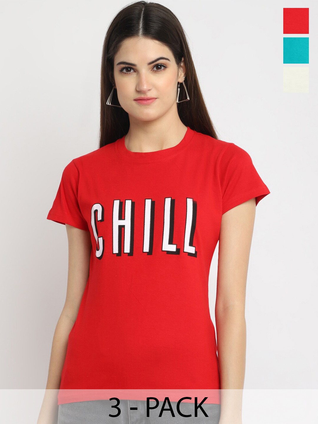 

Fabflee Pack Of 3 Typography Printed Cotton Casual T-Shirt, Red