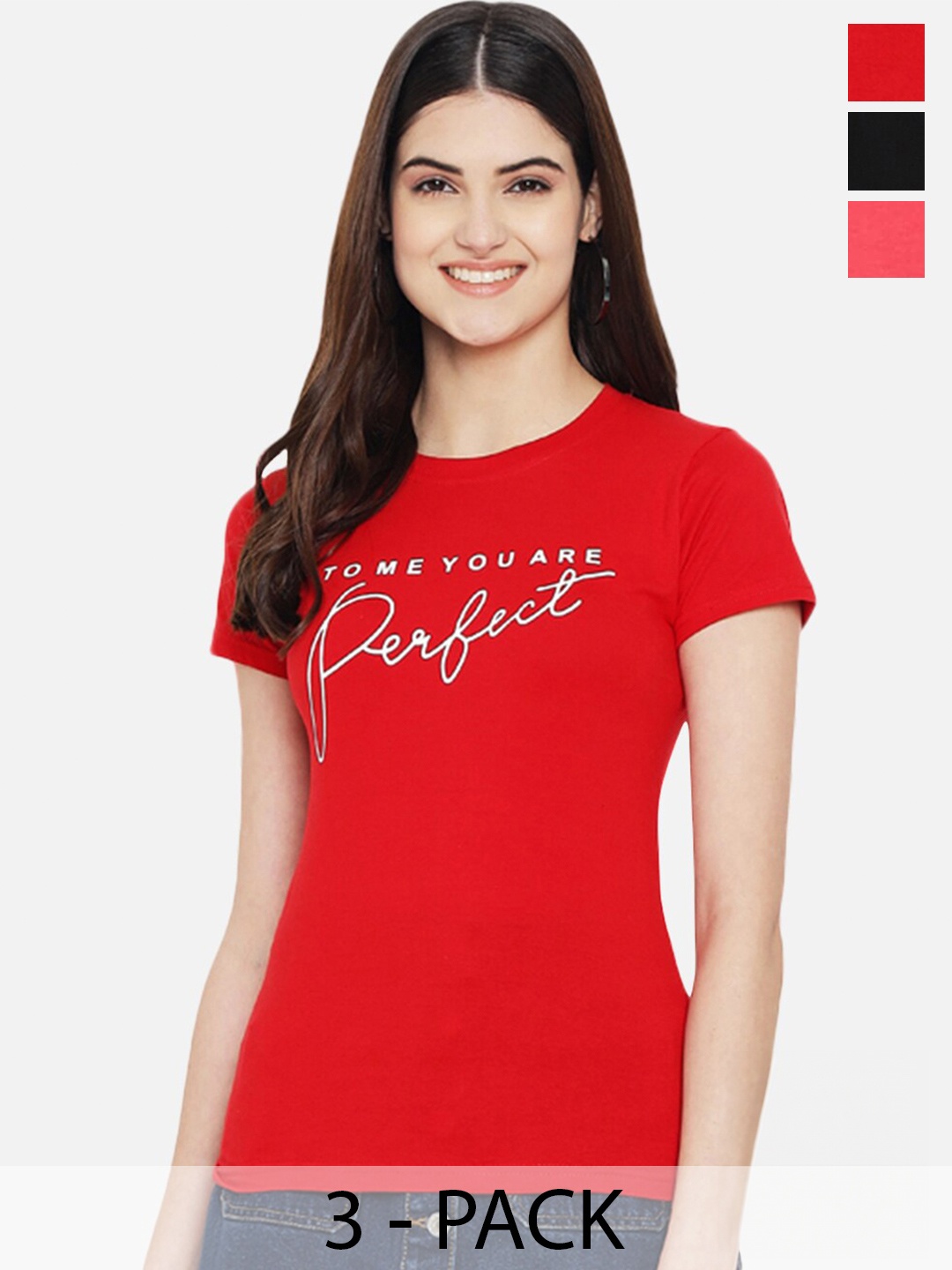 

Fabflee Pack Of 3 Typography Printed Cotton T-shirts, Red