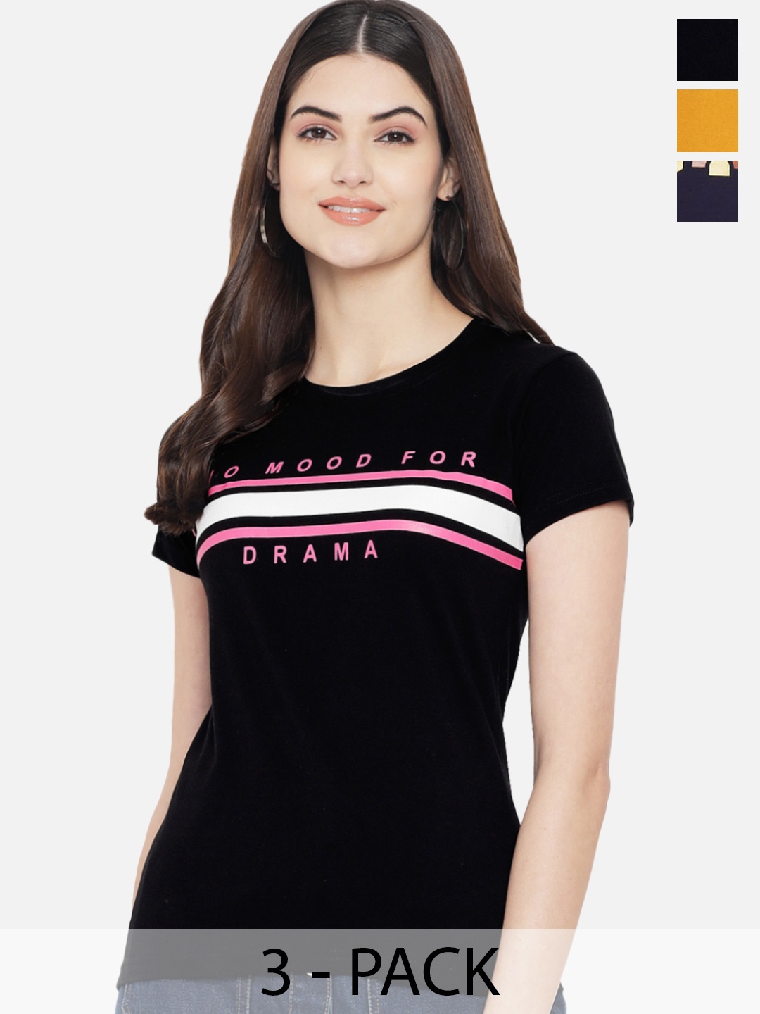

Fabflee Pack Of 3 Printed Round Neck Short Sleeves Cotton T-Shirts, Black