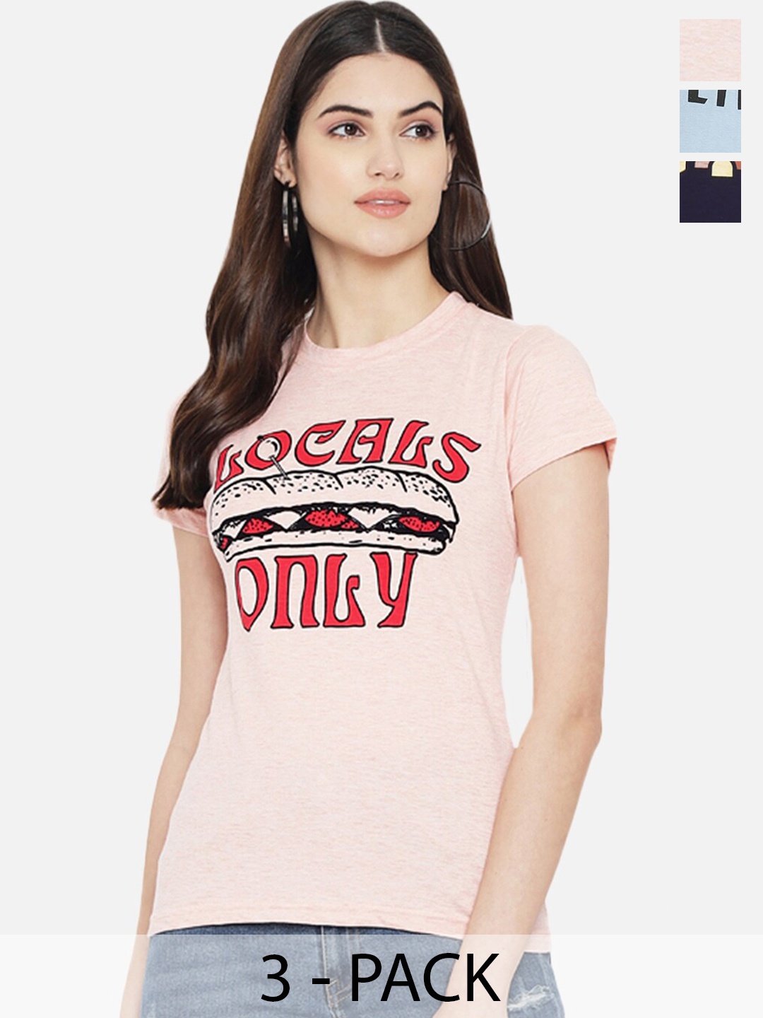 

Fabflee Pack Of 3 Typography Printed Cotton T-shirt, Pink
