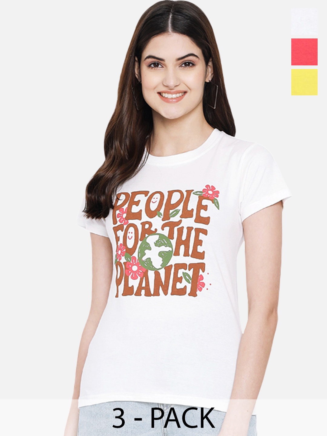 

Fabflee Pack Of 3 Typography Printed Round Neck Short Sleeves Cotton T-Shirts, White