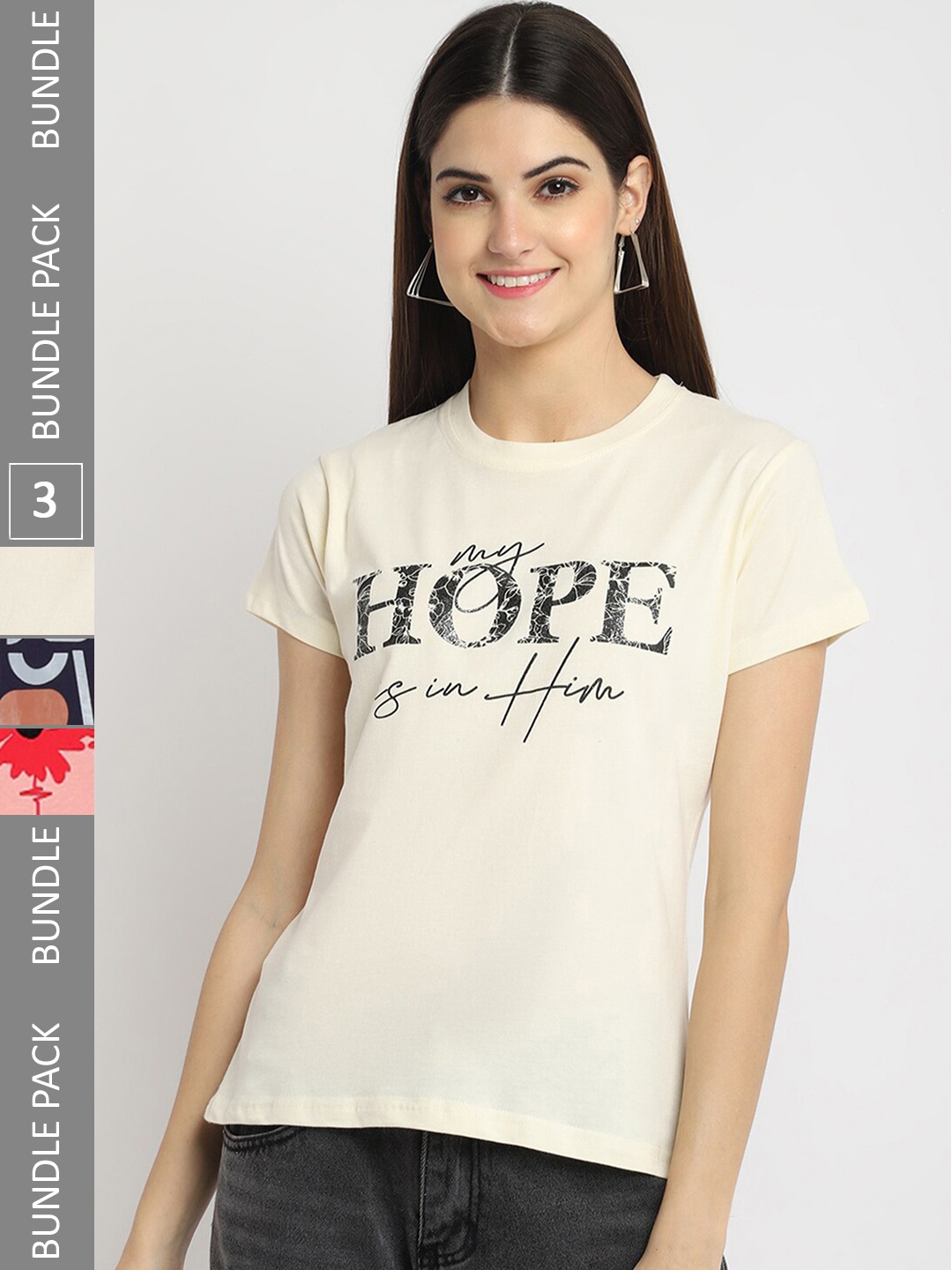Fabflee Pack Of 3 Printed Cotton T-shirt, Cream